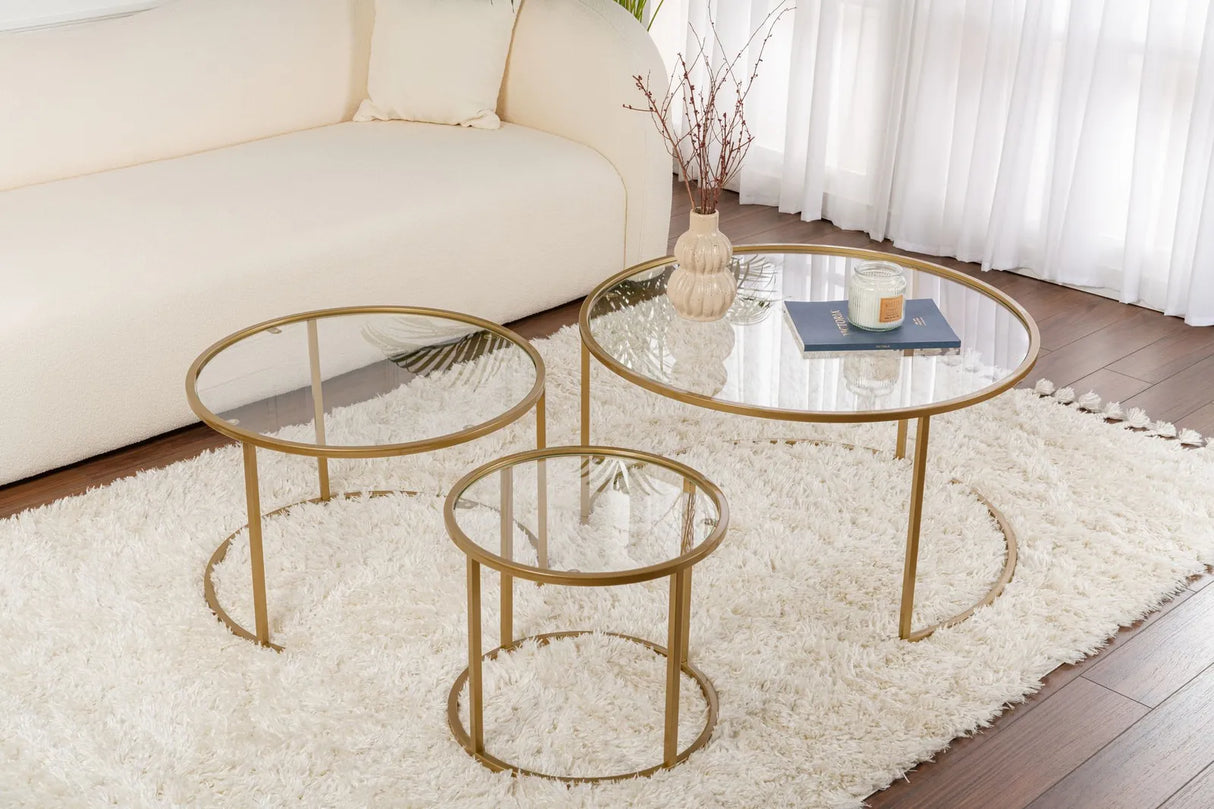 3er-Set Couchtisch Aurum aus gehärtetem Glas und Metall 80Ø von Hanah Home – Bild 3