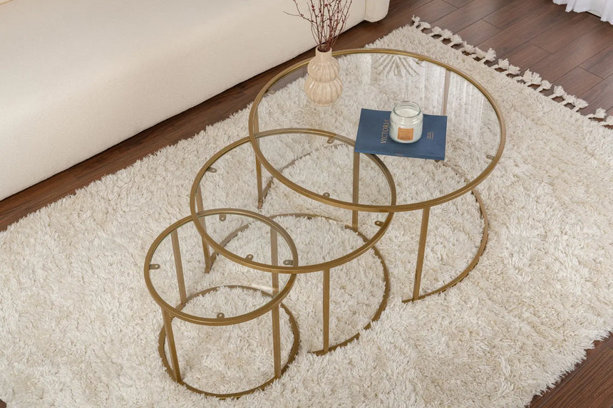 3er-Set Couchtisch Aurum aus gehärtetem Glas und Metall 80Ø von Hanah Home – Bild 4