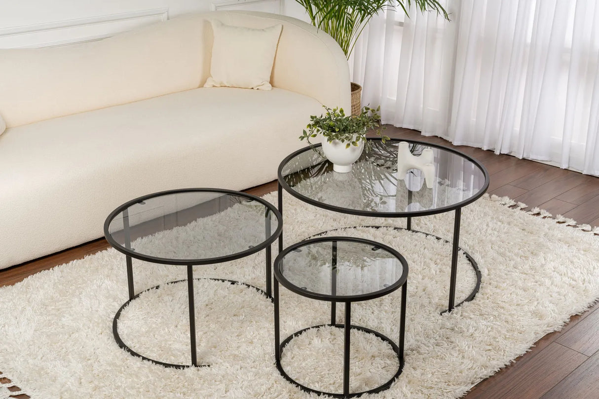 3er-Set Couchtisch Aurum aus gehärtetem Glas und Metall in Schwarz und Grau 80Ø von Hanah Home – Bild 3