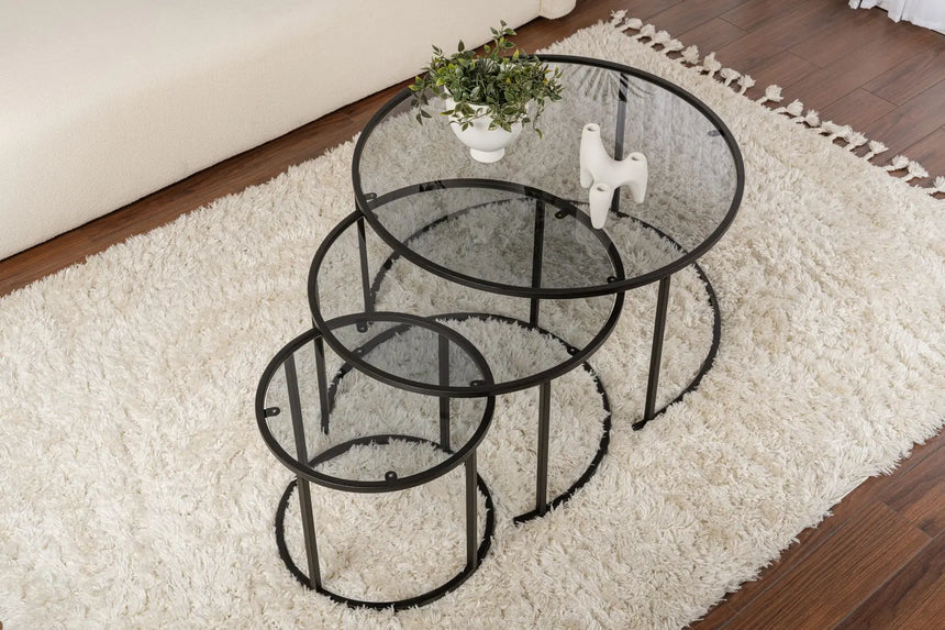 3er-Set Couchtisch Aurum aus gehärtetem Glas und Metall in Schwarz und Grau 80Ø von Hanah Home – Bild 4