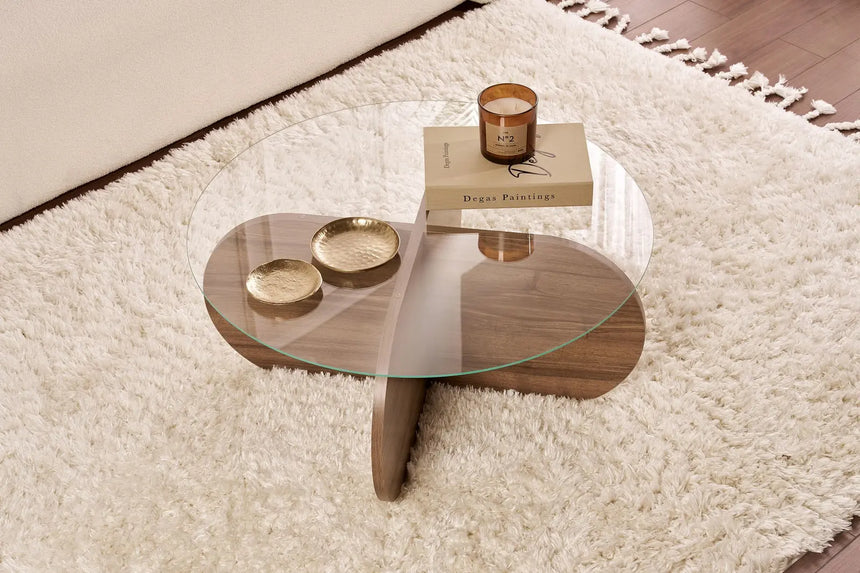 Couchtisch Aeris aus Holz und gehärtetem Glas in Walnuss und Transparent, 75×75×35 cm von Hanah Home – Bild 3
