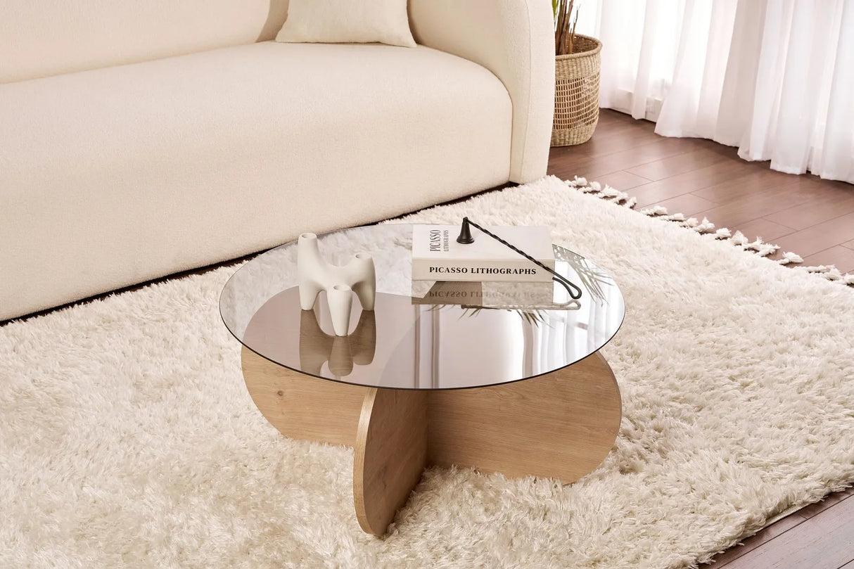 Couchtisch Aeris aus gehärtetem Glas und Holz in Saphir-Eiche und Rauch, 75×75×35 cm von Hanah Home – Bild 1