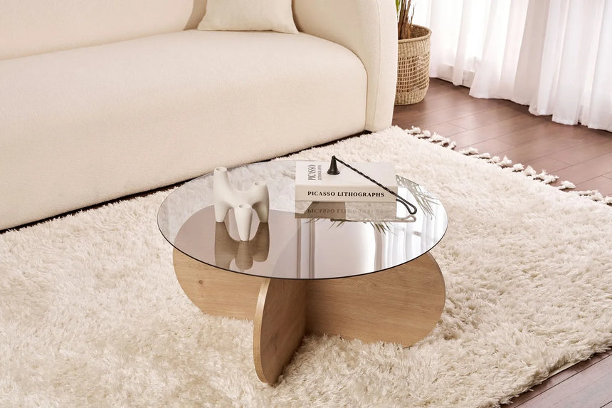 Couchtisch Aeris aus gehärtetem Glas und Holz in Saphir-Eiche und Rauch, 75×75×35 cm von Hanah Home – Bild 1