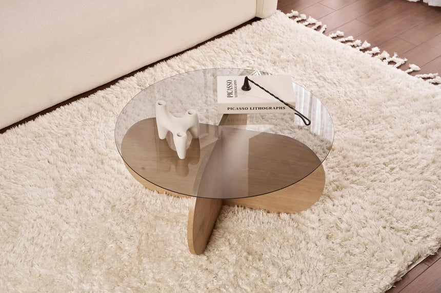 Couchtisch Aeris aus gehärtetem Glas und Holz in Saphir-Eiche und Rauch, 75×75×35 cm von Hanah Home – Bild 3