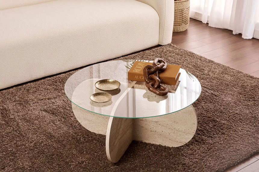 Couchtisch Aeris aus gehärtetem Glas und Holz in Travertin und Transparent, 75×75×35 cm von Hanah Home – Bild 1