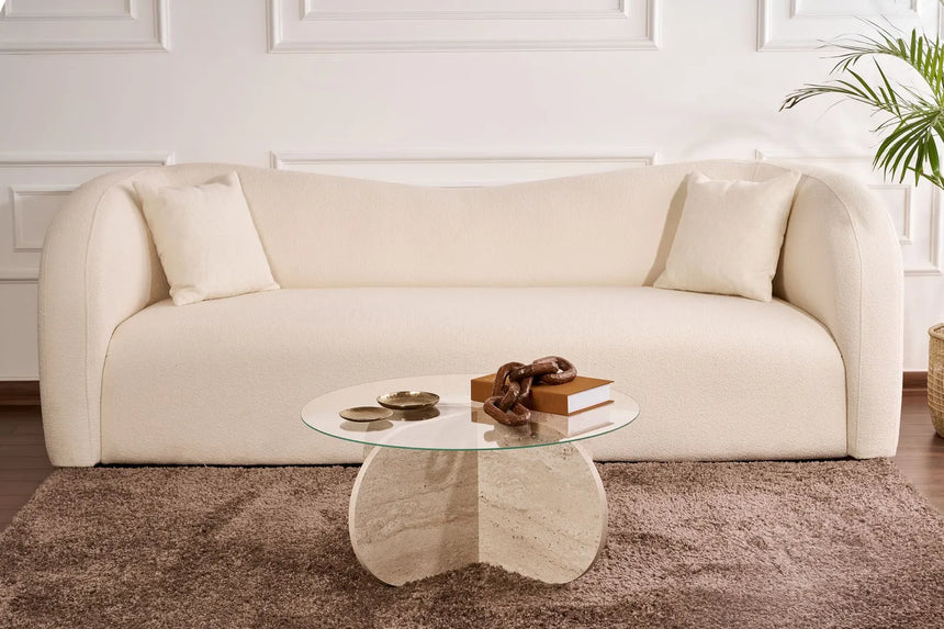 Couchtisch Aeris aus gehärtetem Glas und Holz in Travertin und Transparent, 75×75×35 cm von Hanah Home – Bild 2