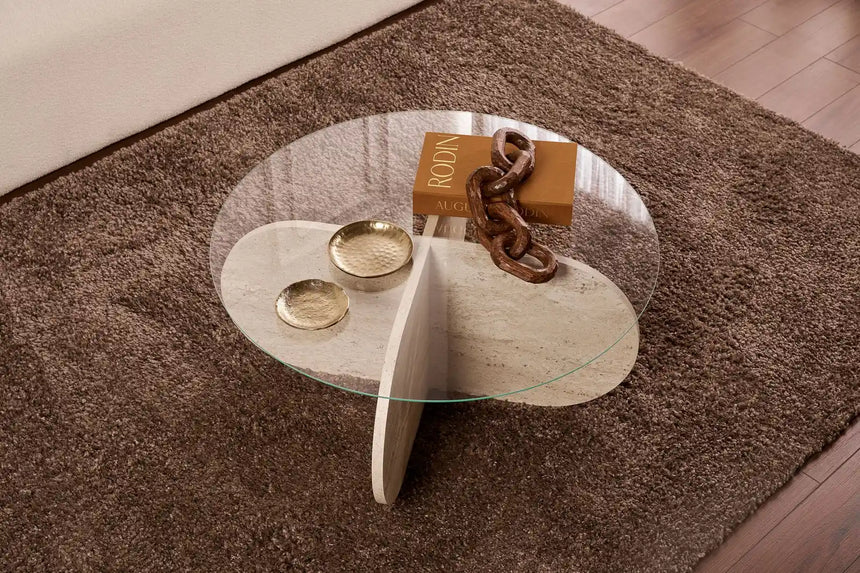 Couchtisch Aeris aus gehärtetem Glas und Holz in Travertin und Transparent, 75×75×35 cm von Hanah Home – Bild 3