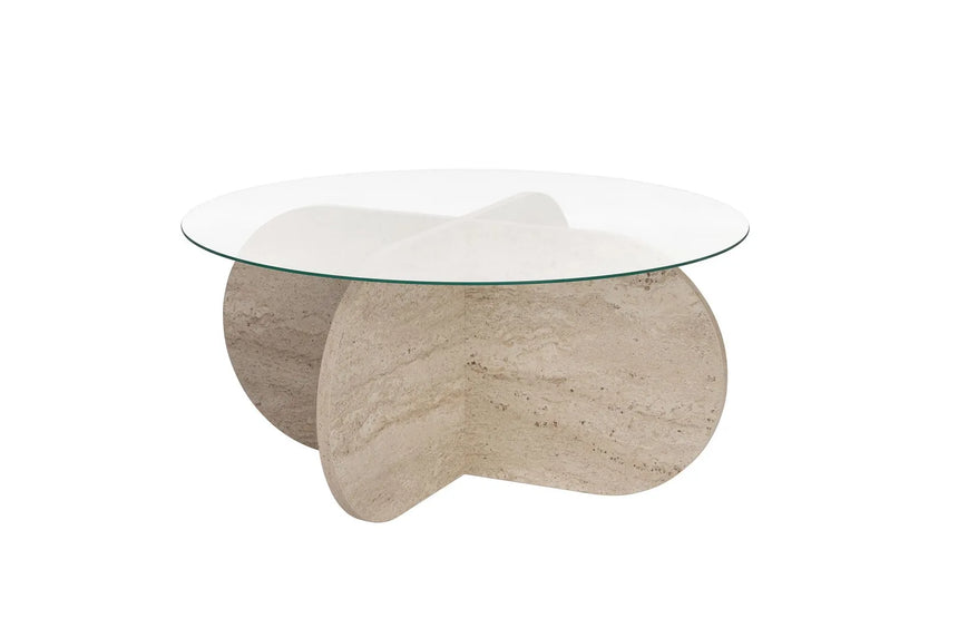 Couchtisch Aeris aus gehärtetem Glas und Holz in Travertin und Transparent, 75×75×35 cm von Hanah Home – Bild 6