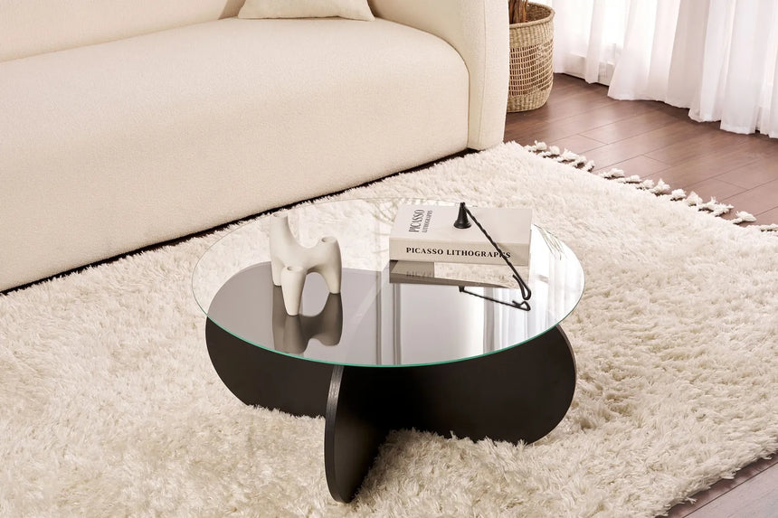 Couchtisch Aeris aus gehärtetem Glas und Holz in rauchschwarz, 75×75×35 cm von Hanah Home – Bild 1