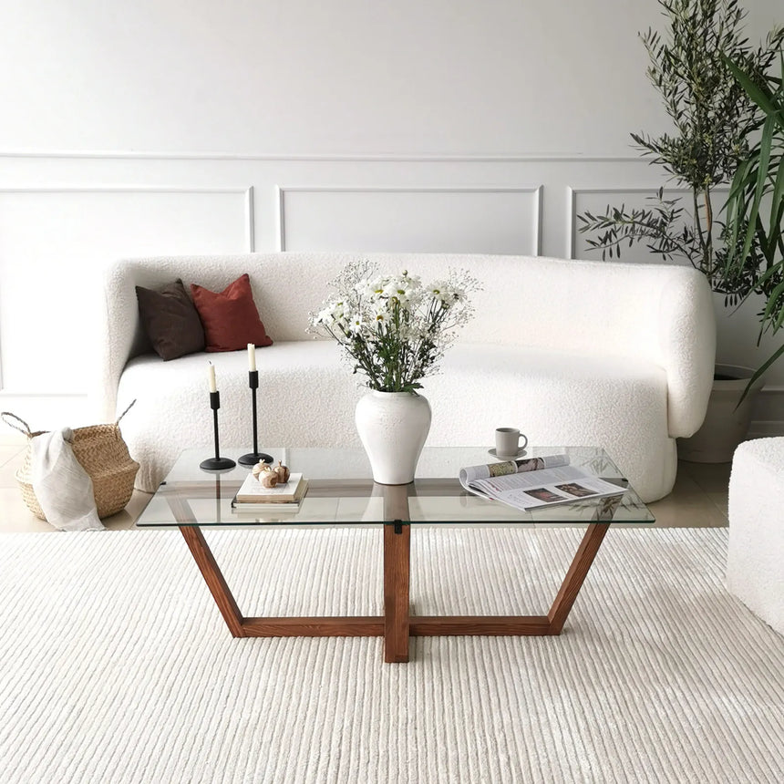 Couchtisch Amalfi aus massiver Kiefer und gehärtetem Glas in Walnuss, 105×65×35 cm von Hanah Home – Bild 2