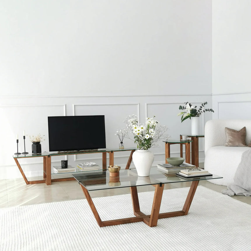 Couchtisch Amalfi aus massiver Kiefer und gehärtetem Glas in Walnuss, 105×65×35 cm von Hanah Home – Bild 5