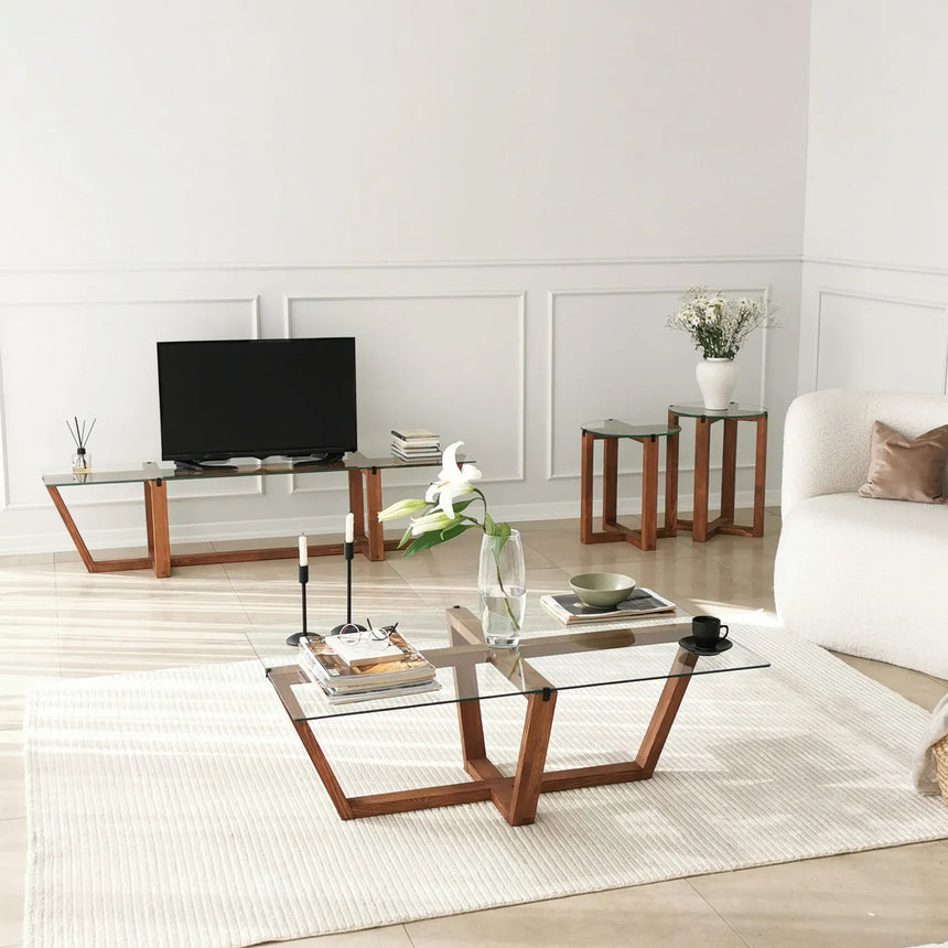 Couchtisch Amalfi aus massiver Kiefer und gehärtetem Glas in Walnuss, 105×65×35 cm von Hanah Home – Bild 7