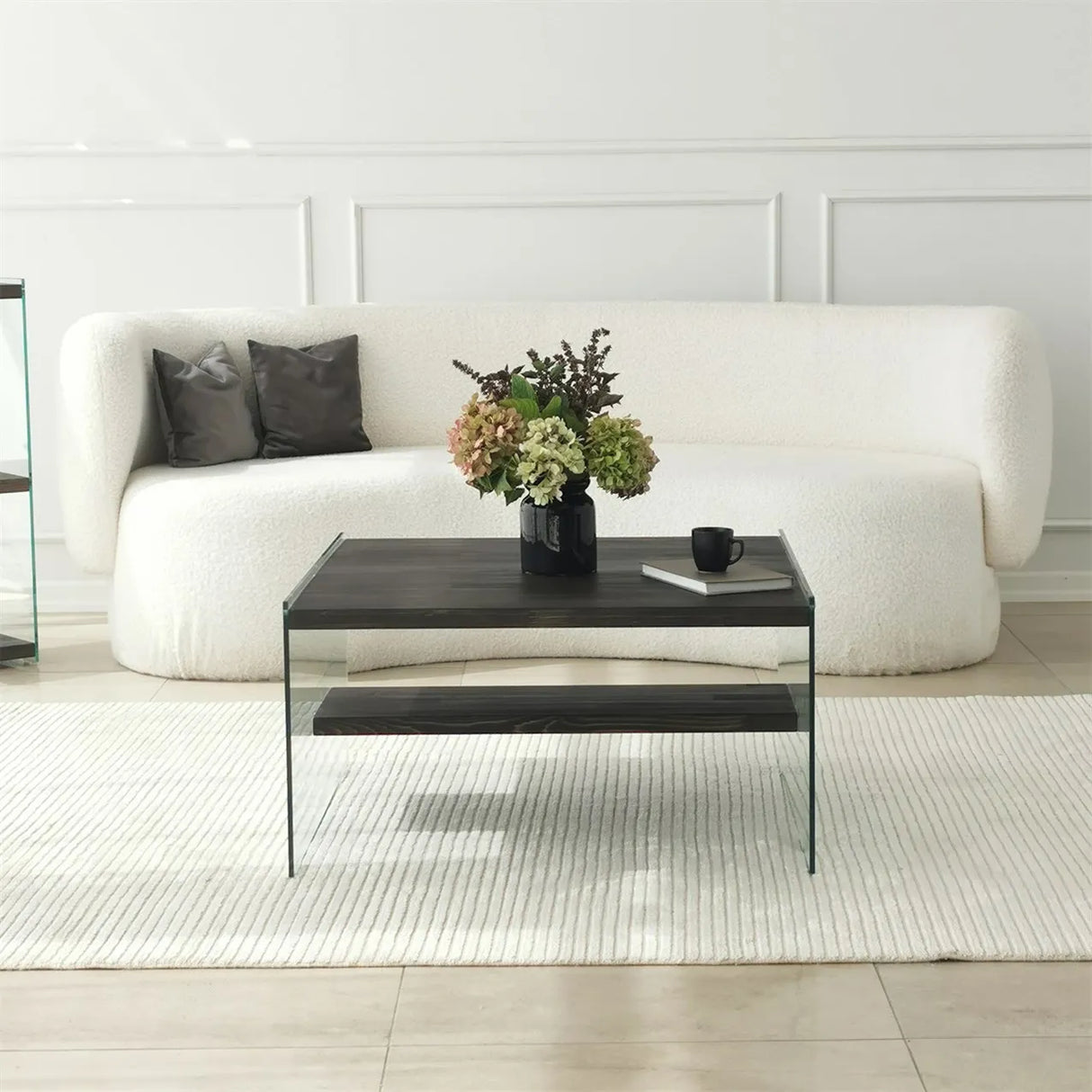Couchtisch Aqua aus Kiefernholz und gehärtetem Glas in Anthrazit, 75×75×40 cm von Hanah Home – Bild 2