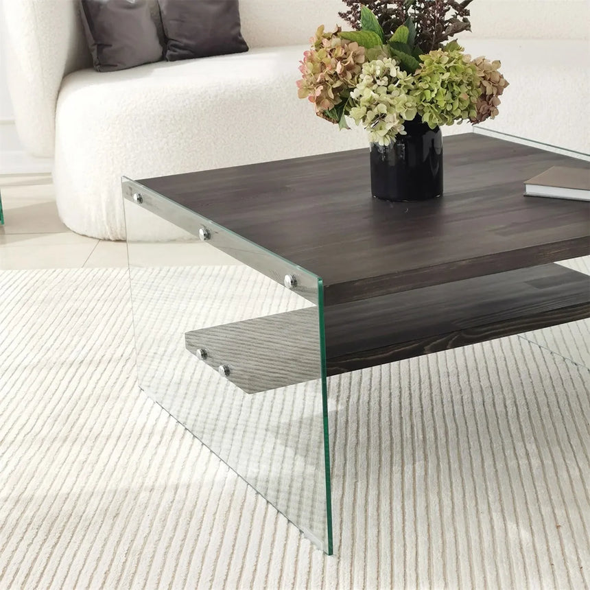 Couchtisch Aqua aus Kiefernholz und gehärtetem Glas in Anthrazit, 75×75×40 cm von Hanah Home – Bild 3