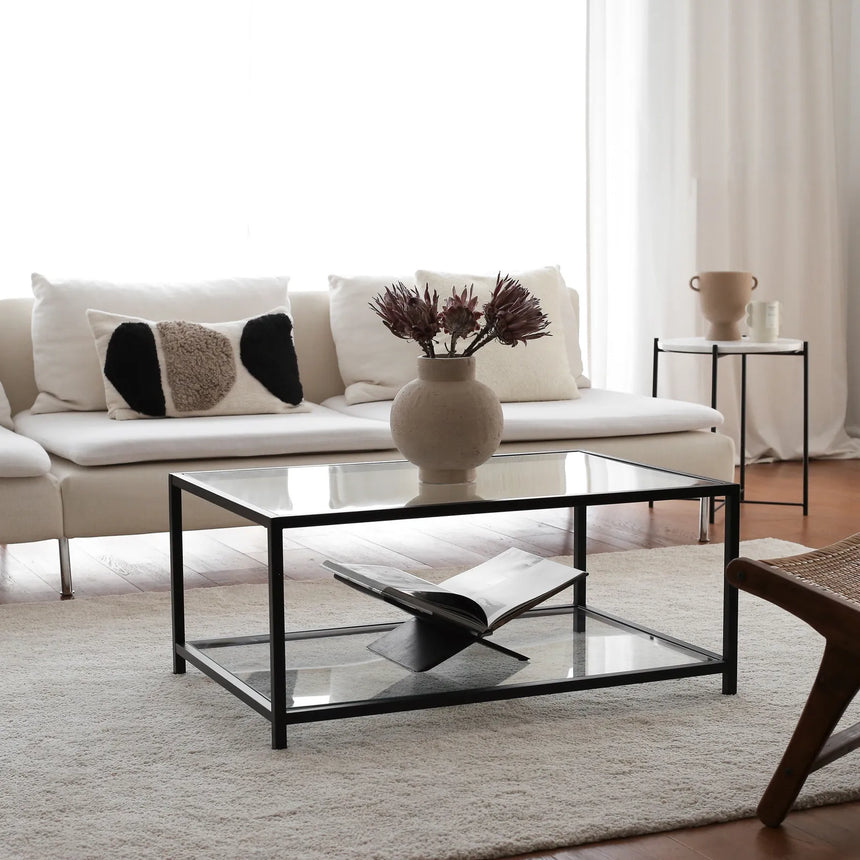 Couchtisch Astro aus gehärtetem Glas und Metall in Rauch und Schwarz, 90×60×40 cm von Hanah Home – Bild 1