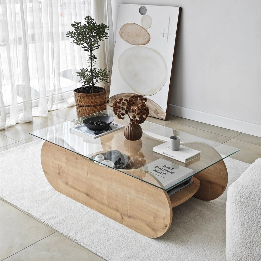 Couchtisch Brise aus gehärtetem Glas und Holz in Saphir-Eiche und Transparent, 105×65×35 cm von Hanah Home – Bild 1