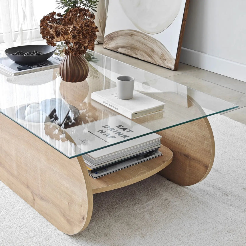 Couchtisch Brise aus gehärtetem Glas und Holz in Saphir-Eiche und Transparent, 105×65×35 cm von Hanah Home – Bild 7