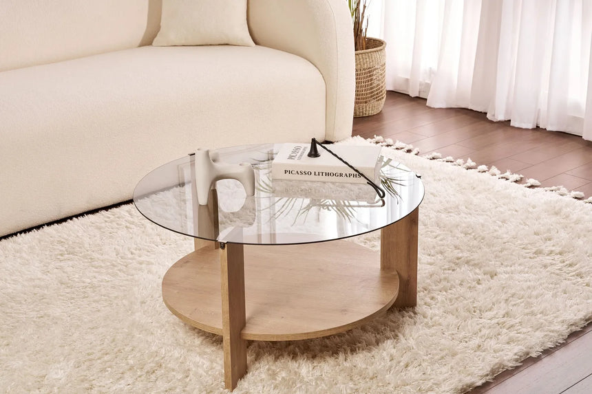 Couchtisch Clara aus gehärtetem Glas und Holz in Saphir-Eiche und Rauch 75Ø von Hanah Home – Bild 1