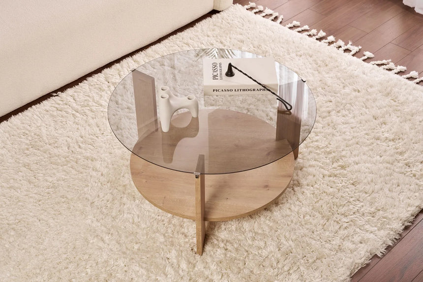 Couchtisch Clara aus gehärtetem Glas und Holz in Saphir-Eiche und Rauch 75Ø von Hanah Home – Bild 3