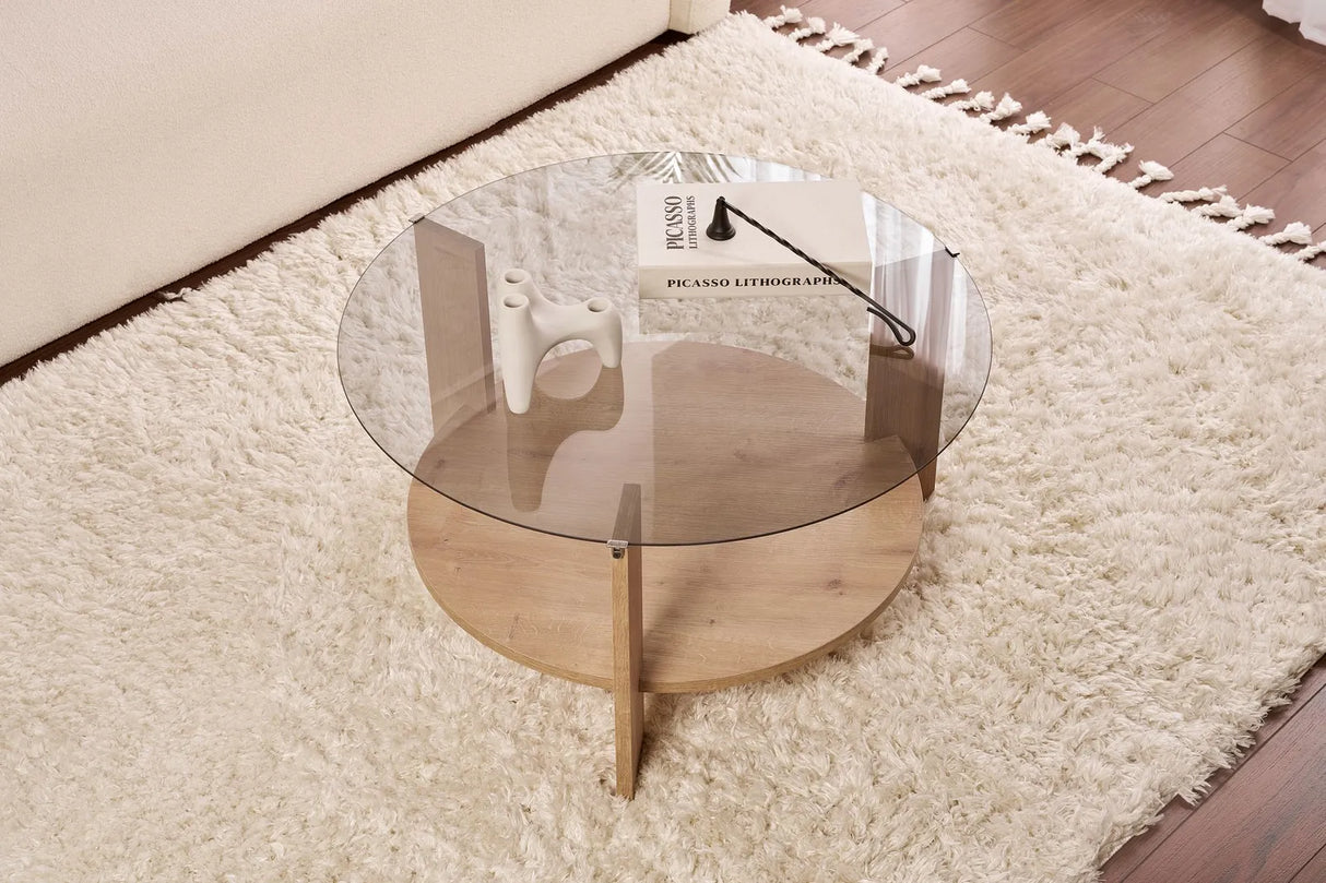 Couchtisch Clara aus gehärtetem Glas und Holz in Saphir-Eiche und Rauch 75Ø von Hanah Home – Bild 3