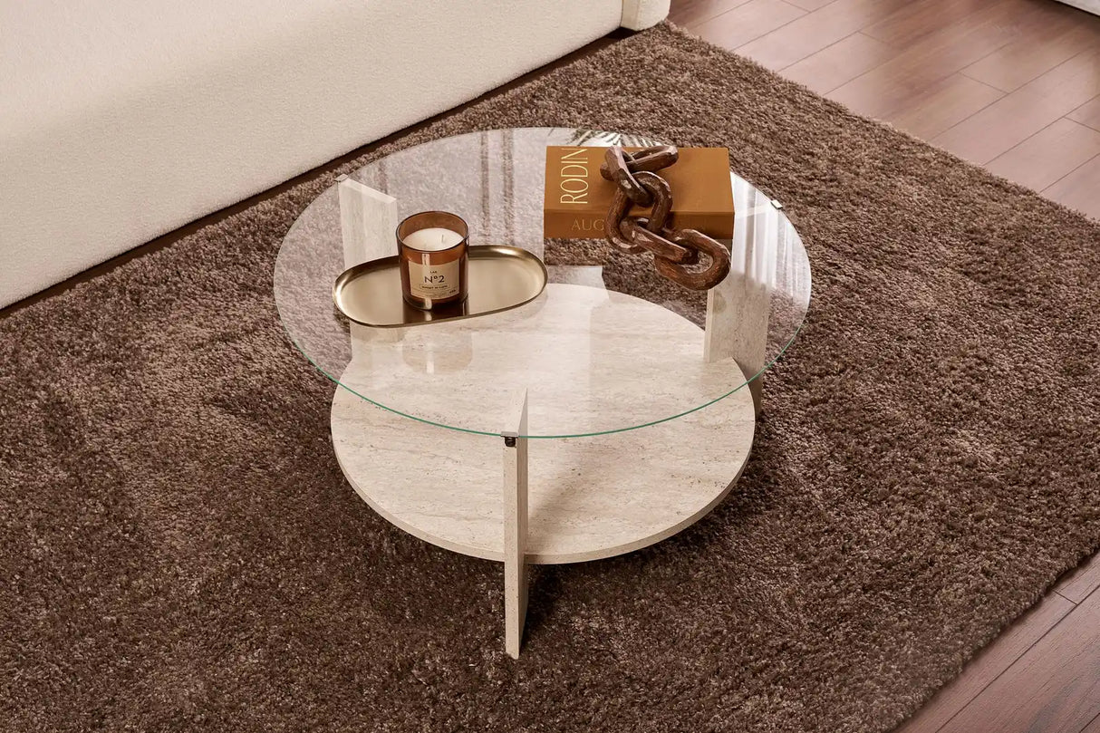 Couchtisch Clara aus gehärtetem Glas und Holz in Travertin und Transparent 75Ø von Hanah Home – Bild 3
