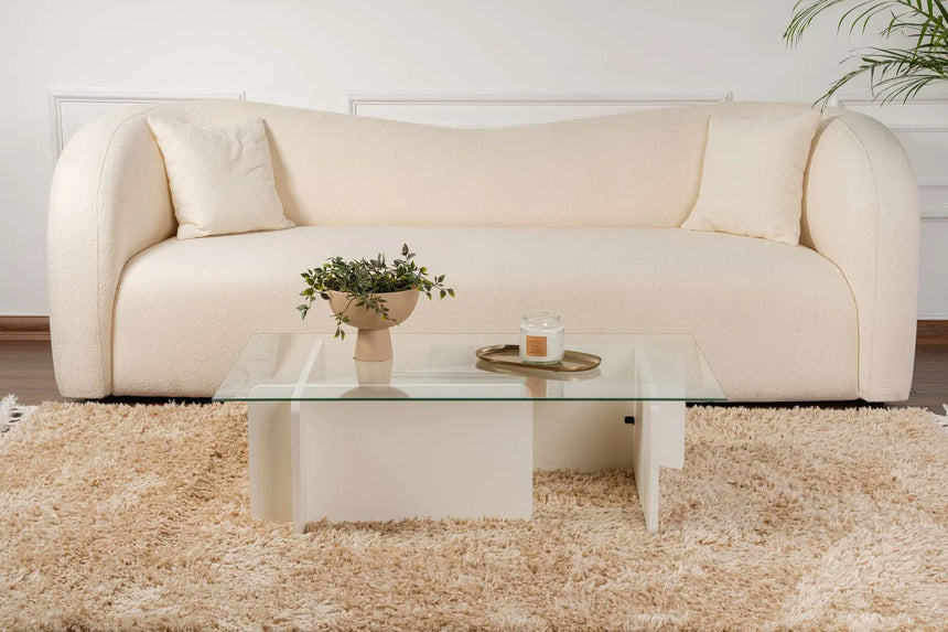 Couchtisch Flavio aus melaminbeschichteten Holz und gehärtetem Glas in Holzweiß, 105×65×30 cm von Hanah Home – Bild 3