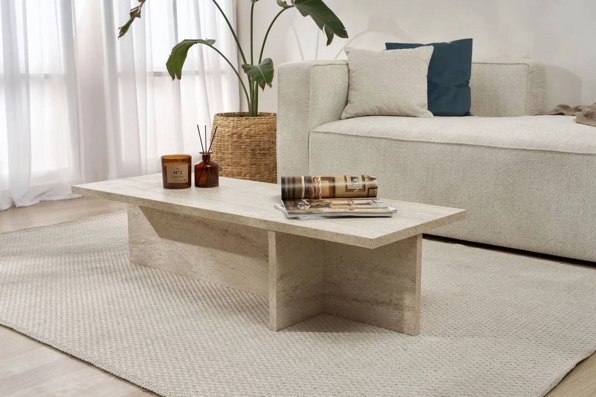 Couchtisch Harbor aus melaminbeschichteter Spanplatte in Travertin, 120×45×30 cm von Hanah Home – Bild 2