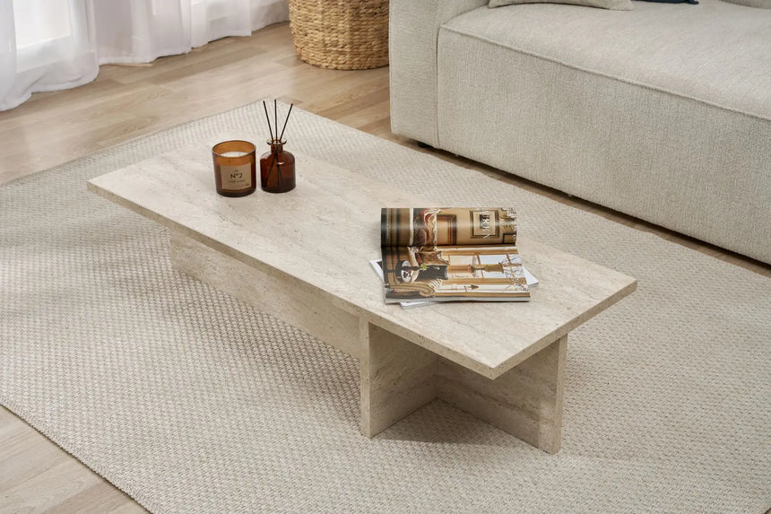 Couchtisch Harbor aus melaminbeschichteter Spanplatte in Travertin, 120×45×30 cm von Hanah Home – Bild 3