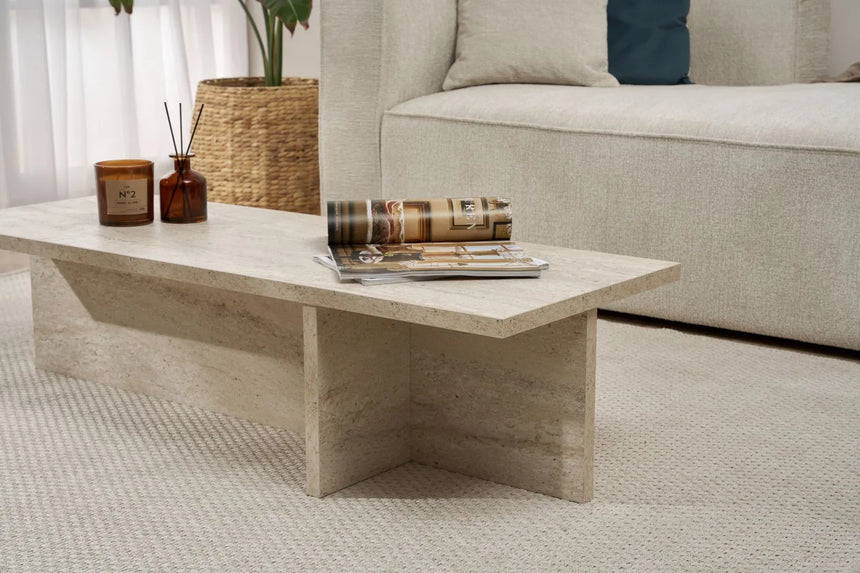 Couchtisch Harbor aus melaminbeschichteter Spanplatte in Travertin, 120×45×30 cm von Hanah Home – Bild 4