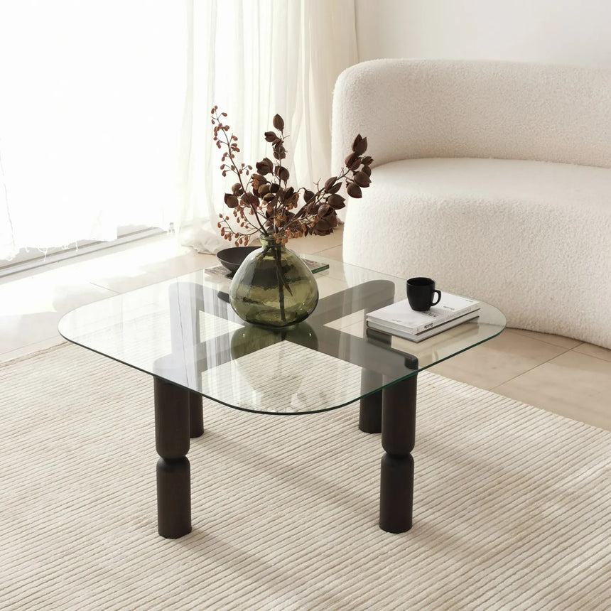 Couchtisch Kei aus Buchenholz und gehärtetem Glas in Anthrazit und Transparent, 80×80×40 cm von Hanah Home – Bild 5