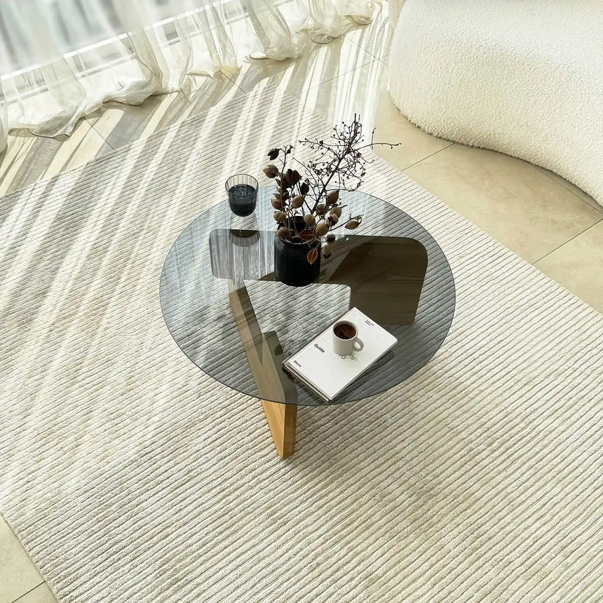 Couchtisch Mia aus massivem Kiefernholz und gehärtetem Glas in Eiche und Rauch, 75×75×35 cm von Hanah Home – Bild 6