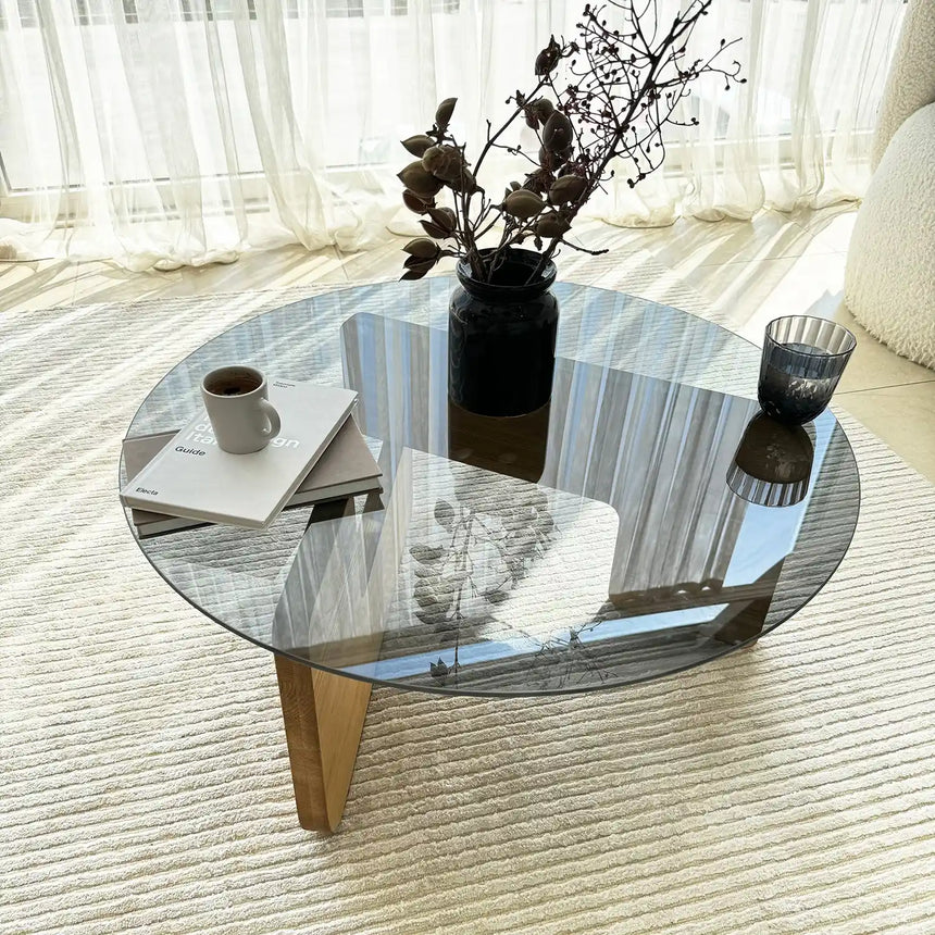 Couchtisch Mia aus massivem Kiefernholz und gehärtetem Glas in Eiche und Rauch, 75×75×35 cm von Hanah Home – Bild 7
