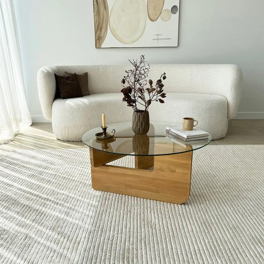 Couchtisch Mia aus massivem Kiefernholz und gehärtetem Glas in Eiche und Transparent, 75×75×35 cm von Hanah Home – Bild 1