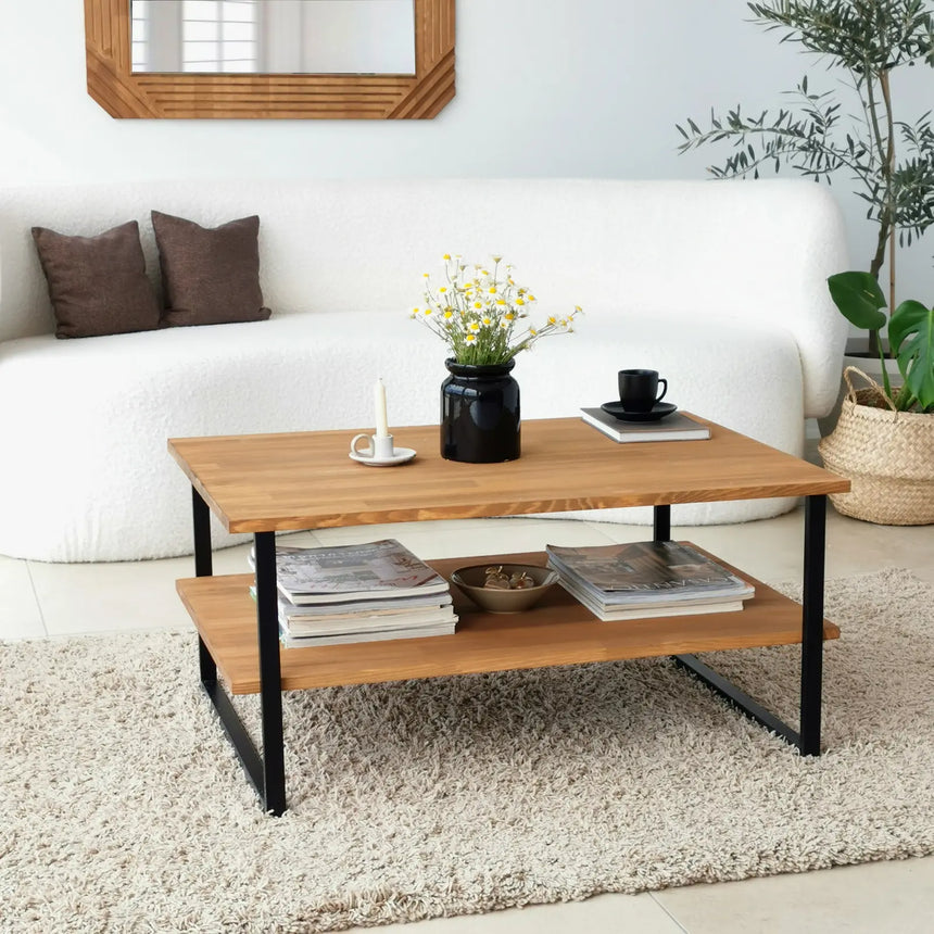 Couchtisch Neta aus massivem Kiefernholz und Metall in Eiche, 85×60×40 cm von Hanah Home – Bild 2