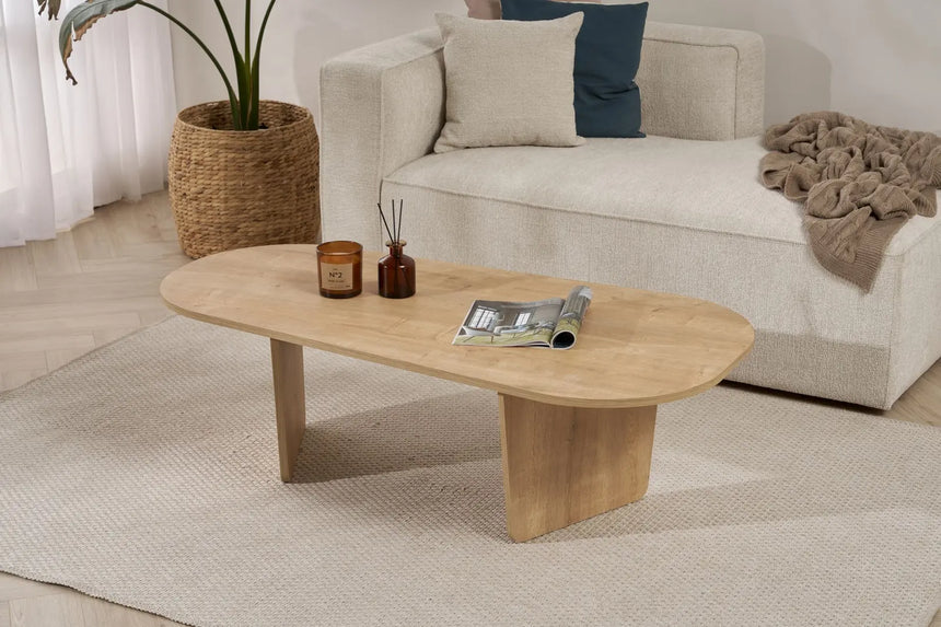Couchtisch Ovalis aus melaminbeschichteter Spanplatte in Eiche, 130×65×40 cm von Hanah Home – Bild 2