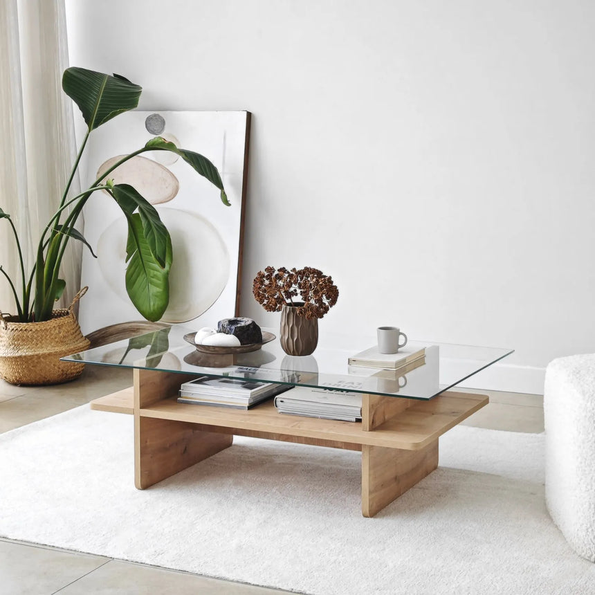 Couchtisch Saga Rectangle aus Holz und gehärtetem Glas in Saphir und Transparent, 105×65×35 cm von Hanah Home – Bild 1