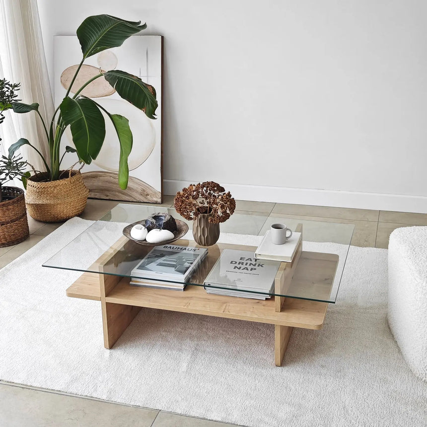 Couchtisch Saga Rectangle aus Holz und gehärtetem Glas in Saphir und Transparent, 105×65×35 cm von Hanah Home – Bild 4
