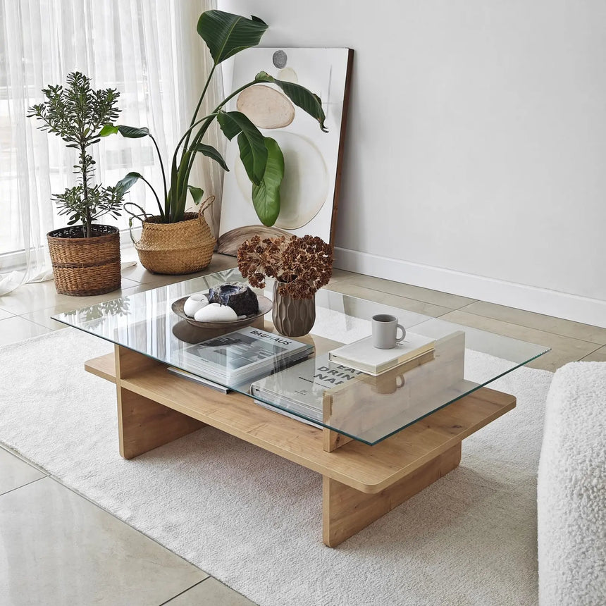 Couchtisch Saga Rectangle aus Holz und gehärtetem Glas in Saphir und Transparent, 105×65×35 cm von Hanah Home – Bild 5