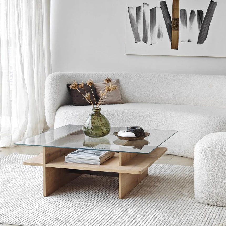Couchtisch Saga Square aus gehärtetem Glas und melaminbeschichteten Holz, 90×90×35 cm von Hanah Home – Bild 5