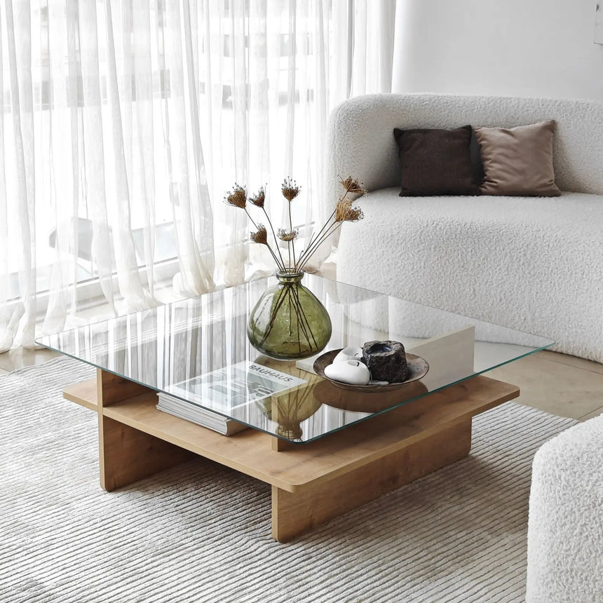 Couchtisch Saga Square aus gehärtetem Glas und melaminbeschichteten Holz, 90×90×35 cm von Hanah Home – Bild 6