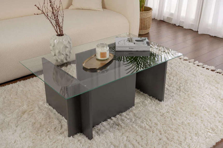 Couchtisch Vetrino aus gehärtetem Glas und melaminbeschichteten Holz in Anthrazit, 105×65×40 cm von Hanah Home – Bild 1