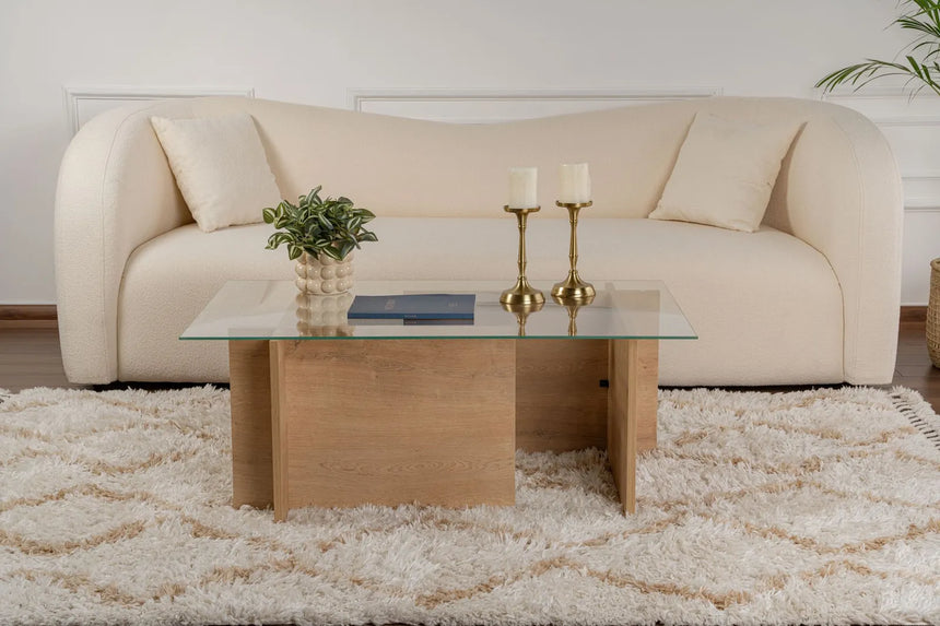 Couchtisch Vetrino aus gehärtetem Glas und melaminbeschichteten Holz in Honig-Eiche, 105×65×40 cm von Hanah Home – Bild 3