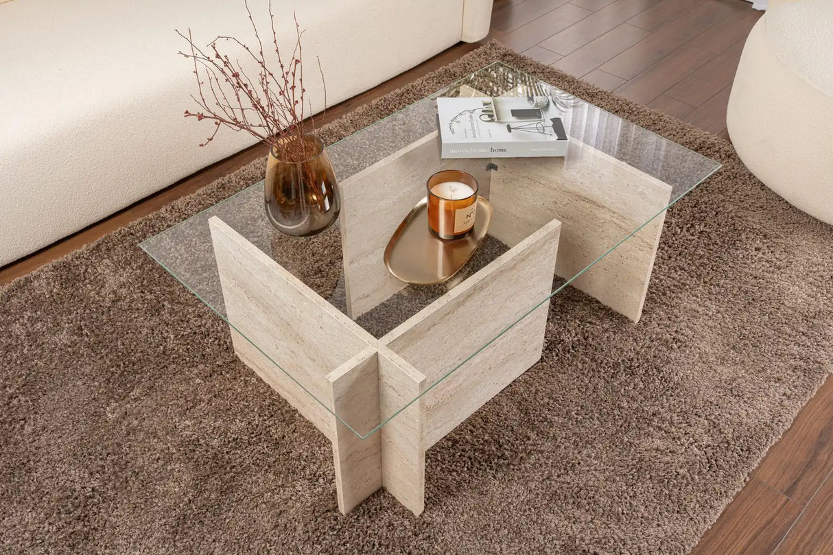 Couchtisch Vetrino aus gehärtetem Glas und melaminbeschichteten Holz in Travertin, 105×65×40 cm von Hanah Home – Bild 2