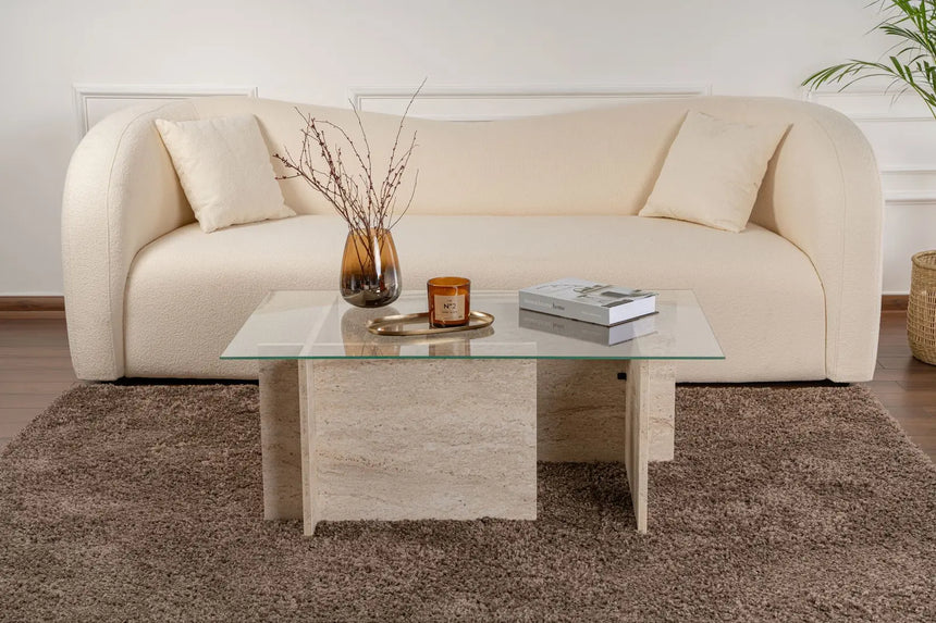 Couchtisch Vetrino aus gehärtetem Glas und melaminbeschichteten Holz in Travertin, 105×65×40 cm von Hanah Home – Bild 3