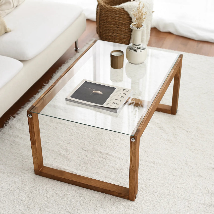 Couchtisch Via aus massivem Kieferholz und gehärtetem Glas in Holzfarbe, 85×55×40 cm von Hanah Home – Bild 2