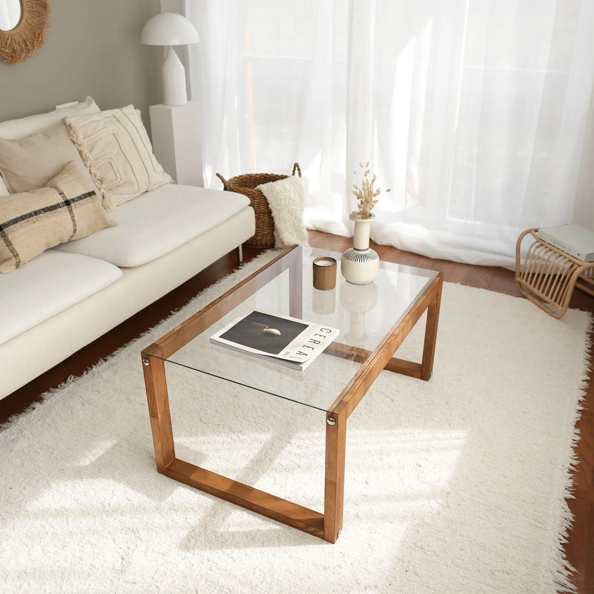 Couchtisch Via aus massivem Kieferholz und gehärtetem Glas in Holzfarbe, 85×55×40 cm von Hanah Home – Bild 4