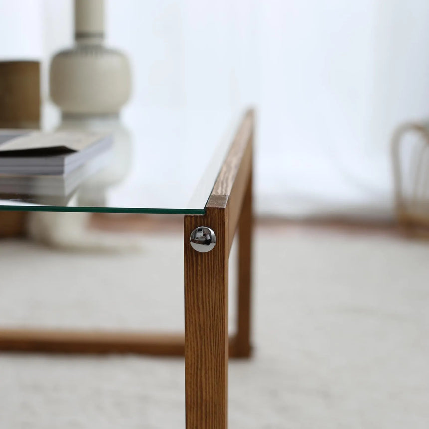 Couchtisch Via aus massivem Kieferholz und gehärtetem Glas in Holzfarbe, 85×55×40 cm von Hanah Home – Bild 6