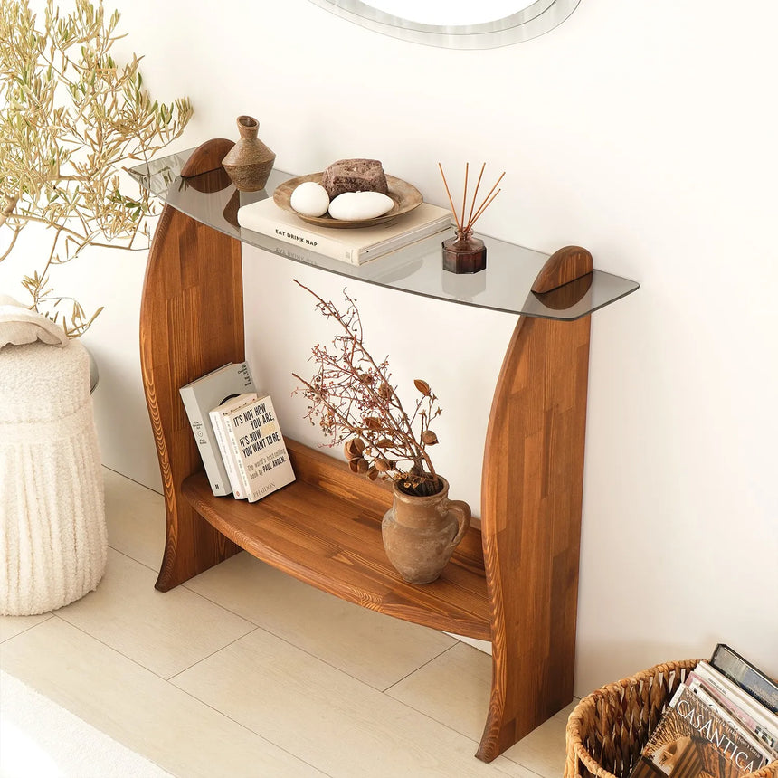 Kommode Surf aus Kiefernholz und gehärtetem Glas in Kastanie und Rauch, 106×30×90 cm von Hanah Home – Bild 7