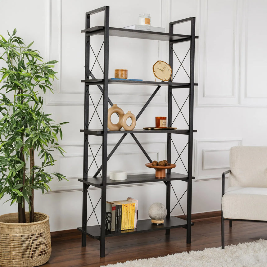 Regale Elysian aus melaminbeschichteten Holz und Metall in Holzschwarz und Schwarz, 90x33,5x180 cm von Hanah Home – Bild 1