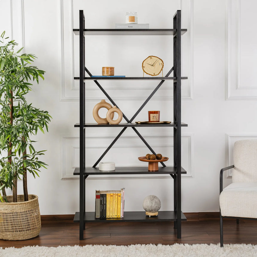 Regale Elysian aus melaminbeschichteten Holz und Metall in Holzschwarz und Schwarz, 90x33,5x180 cm von Hanah Home – Bild 2
